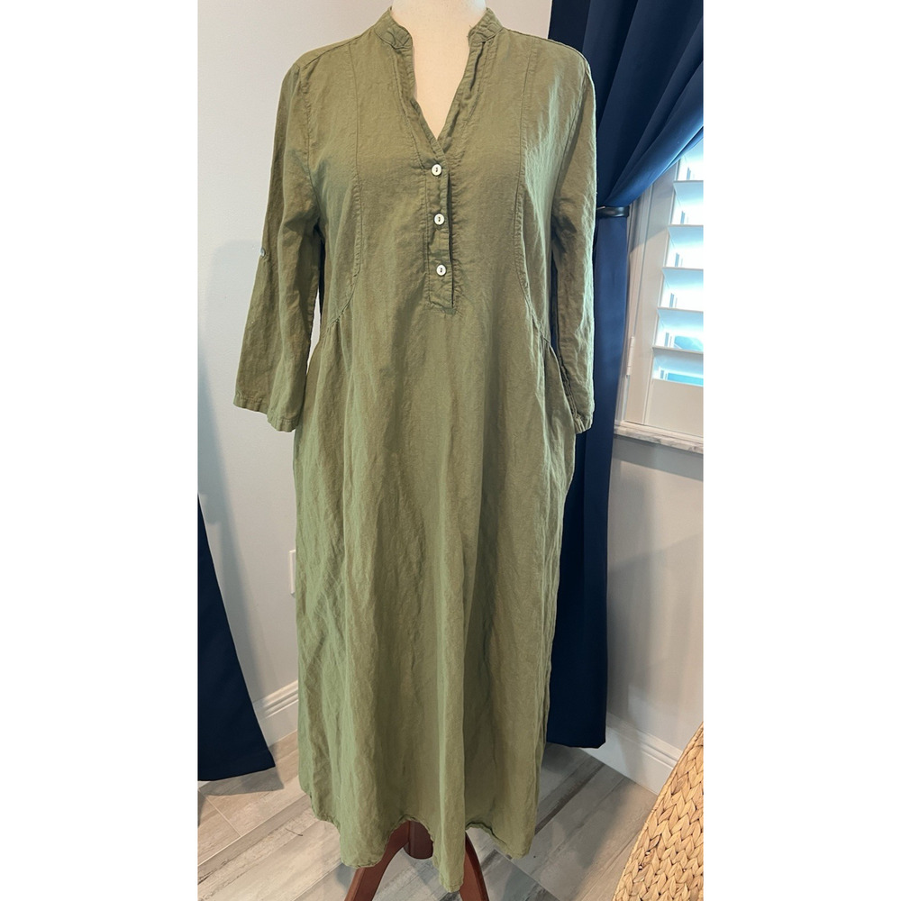 Francesca Bettini Linen Midi Dress Green Large Lagenlook Minimalist Oversized